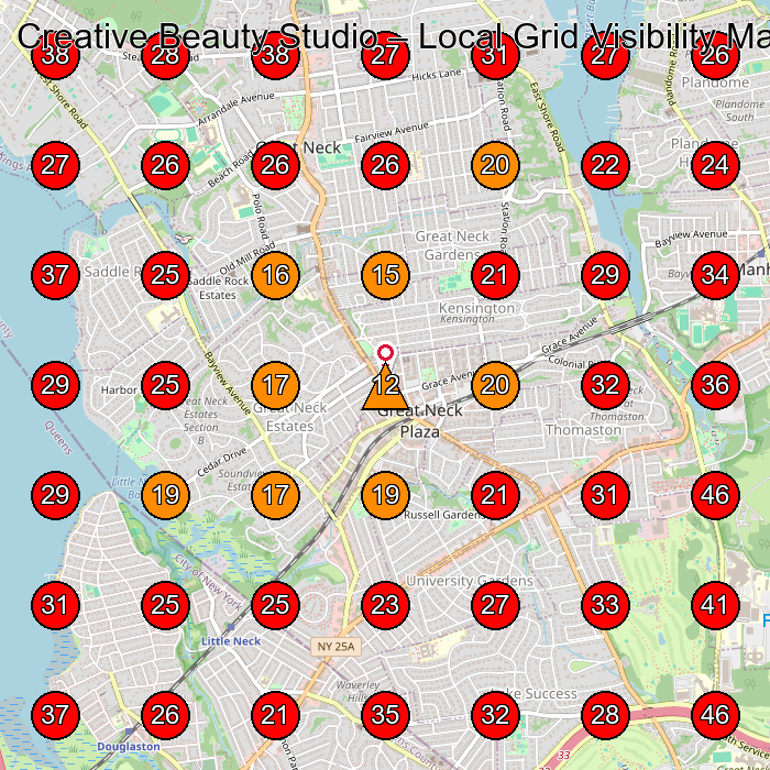 Creative Beauty Studio GeoGrid visibility map for Day Spa in Manhasset